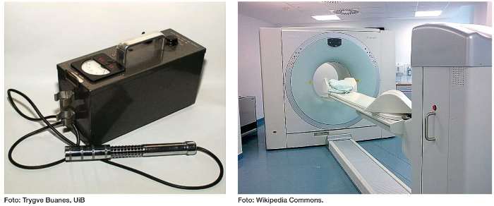 Figur 2: Fra håndholdt Geiger-Muller teller til dagens avanserte utstyr (PET/CT-skanner).