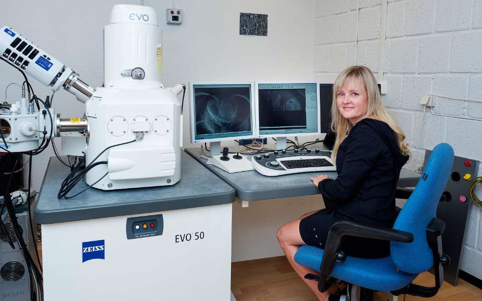 Forsker Jannicke Wiik-Nielsen fotografert ved scanning elektronmikroskopet på Imaging Centre, NMBU. Foto: Jo Straube